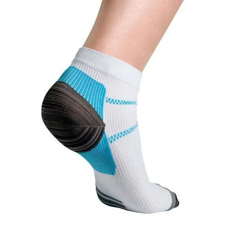 Compression sport socks in white nylon, black and blue, and black and red, mesh weave fabric for heel arch pain relief