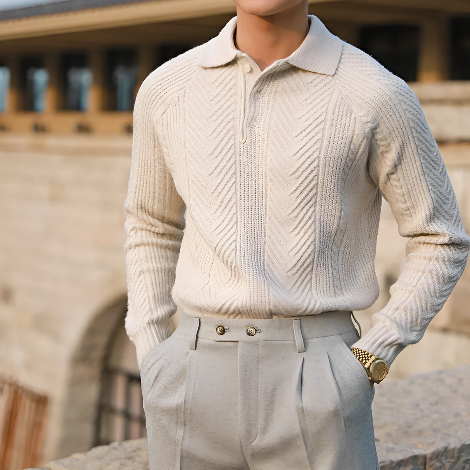 Men's thickened warm base sweater with stand collar in apricot colour, long sleeves, knit fabric