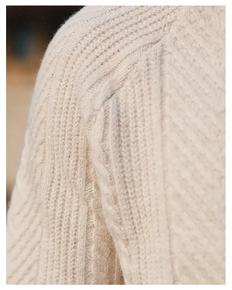 Men's thickened warm base sweater with stand collar in apricot colour, long sleeves, knit fabric