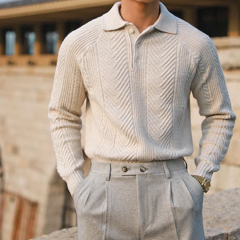 Men's thickened warm base sweater with stand collar in apricot colour, long sleeves, knit fabric