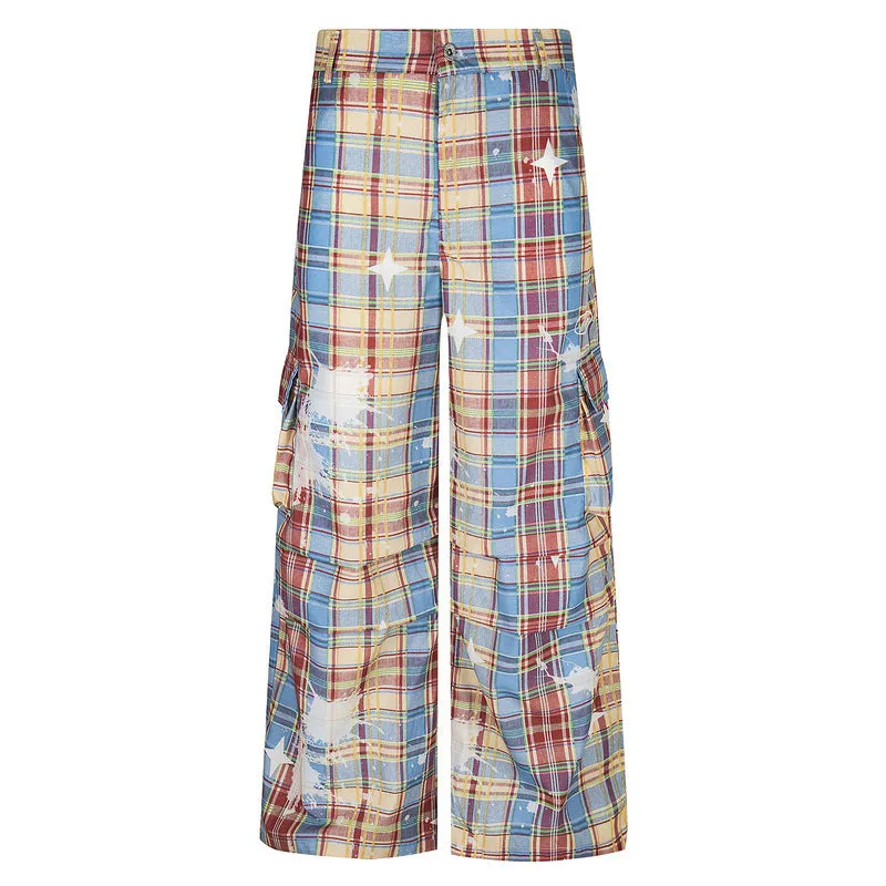 Men's retro plaid loose straight casual trousers in blue polyester fabric with mid waist and straight leg