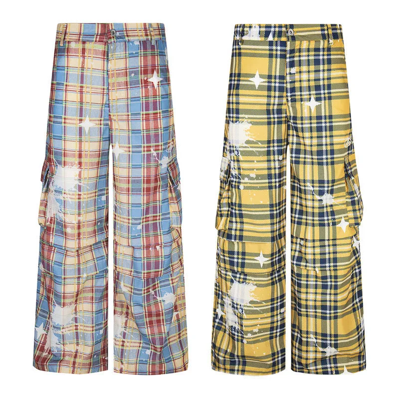 Men's retro plaid loose straight casual trousers in blue polyester fabric with mid waist and straight leg