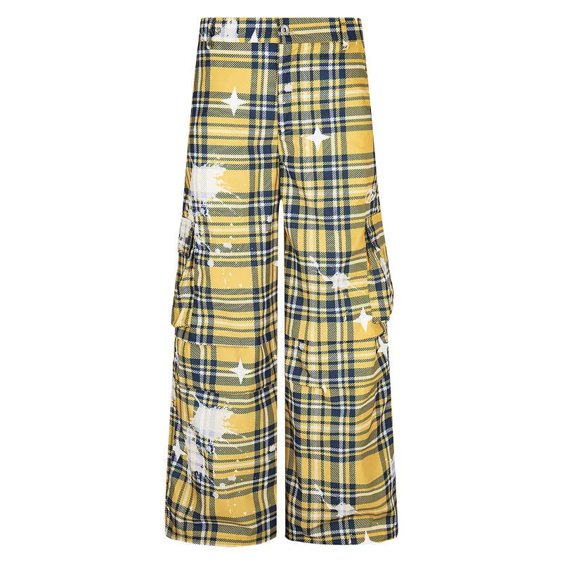 Men's retro plaid loose straight casual trousers in blue polyester fabric with mid waist and straight leg