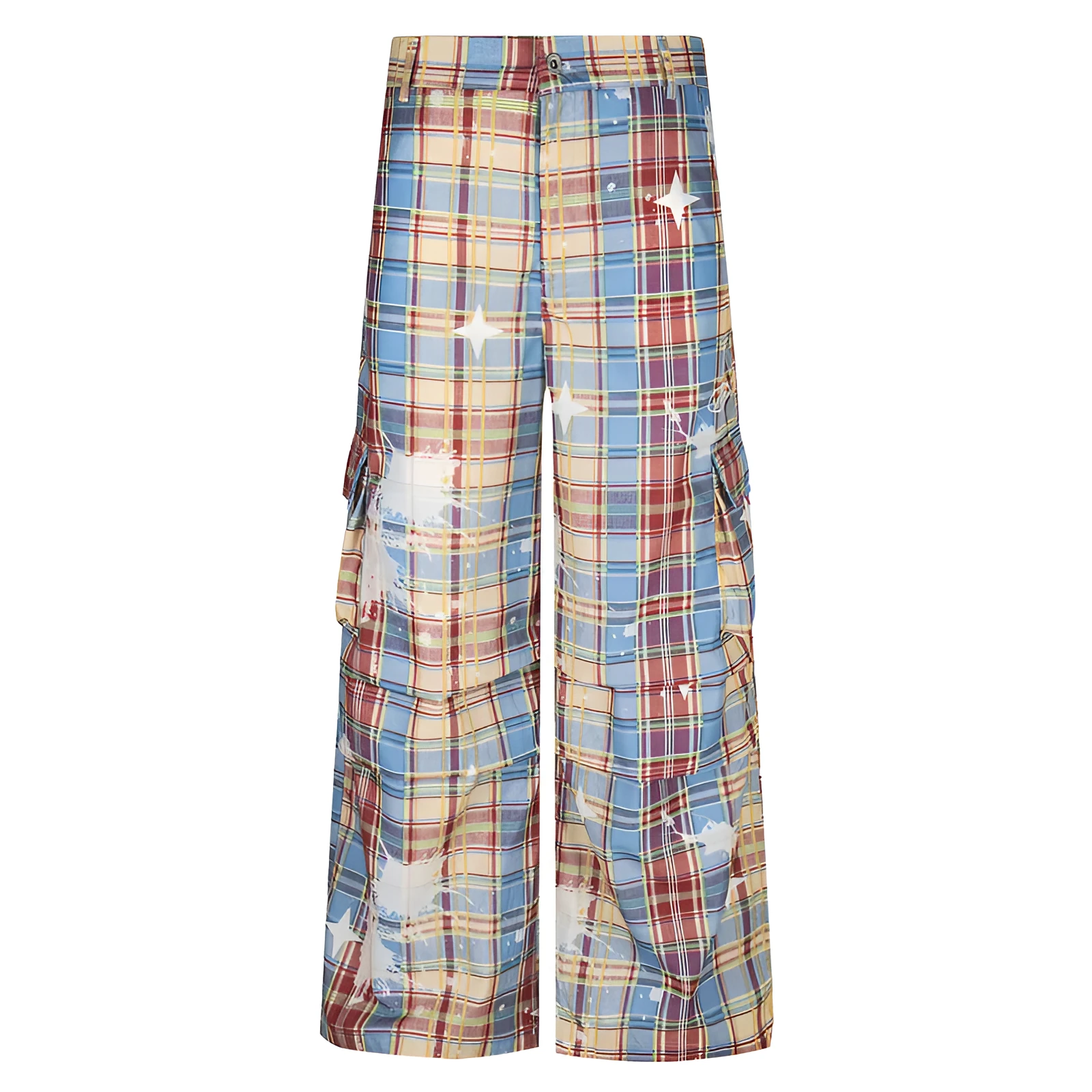 Men's retro plaid loose straight casual trousers in blue polyester fabric with mid waist and straight leg