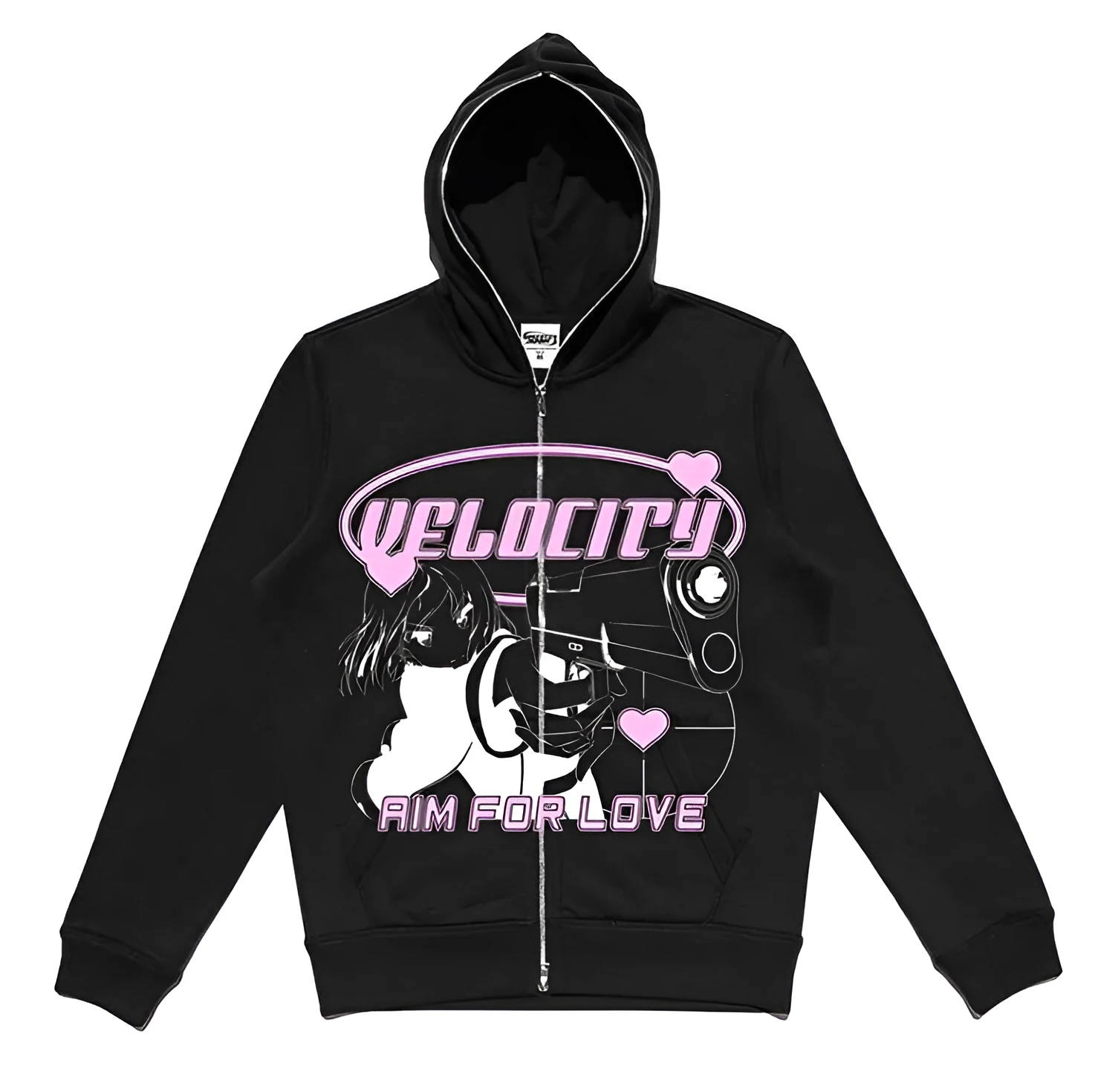 Street hip hop gothic black zip hoodie women loose fit print long sleeve