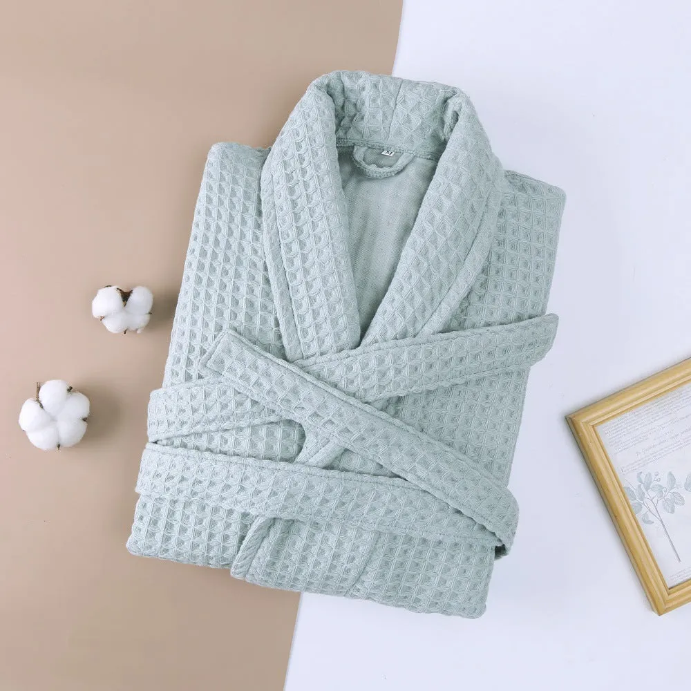 Cotton double waffle unisex thickened long robe in gray, for autumn adult bathrobe use