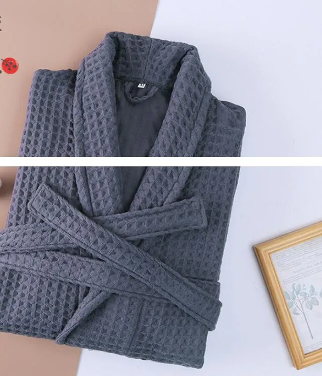 Cotton double waffle unisex thickened long robe in gray, for autumn adult bathrobe use