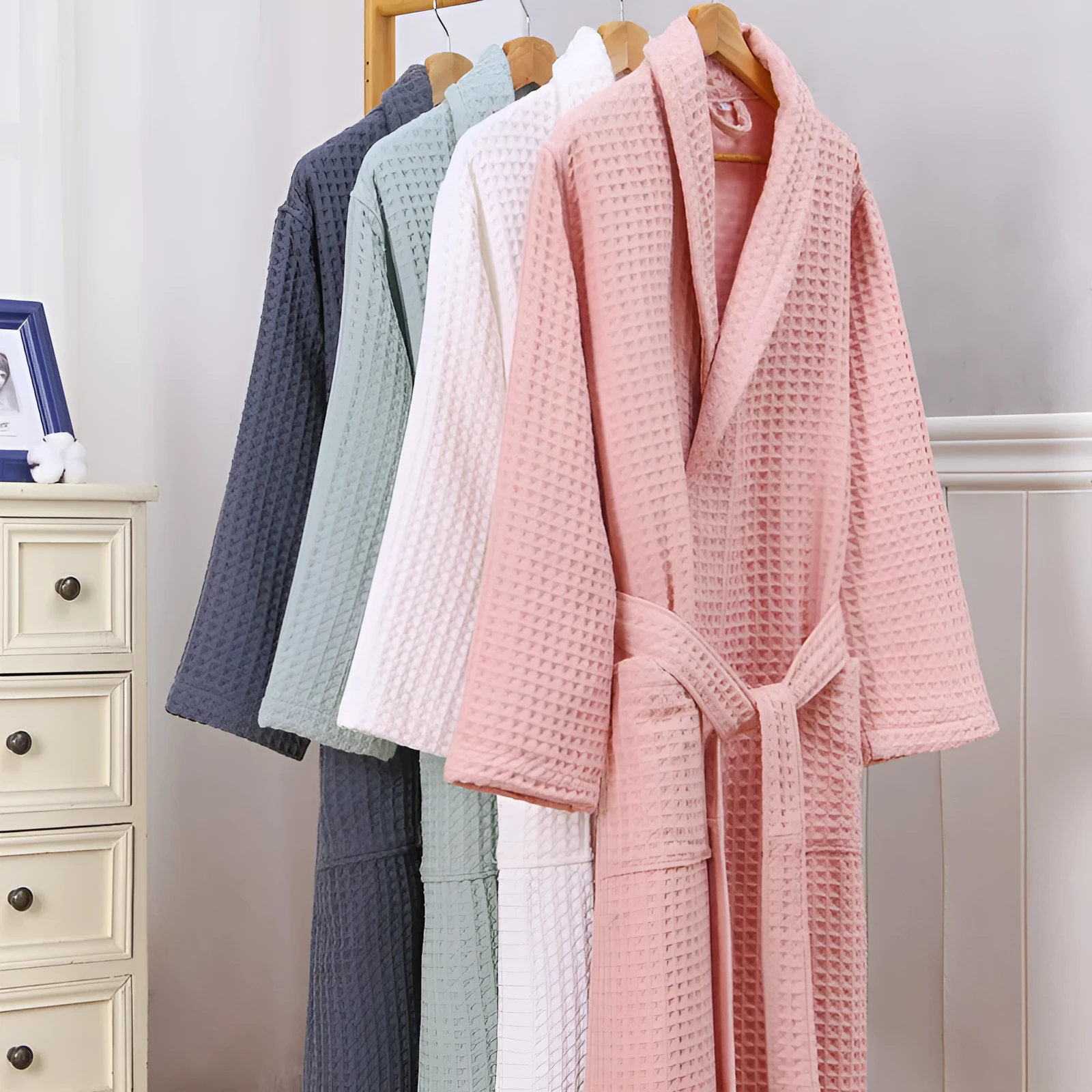 Cotton double waffle unisex thickened long robe in gray, for autumn adult bathrobe use