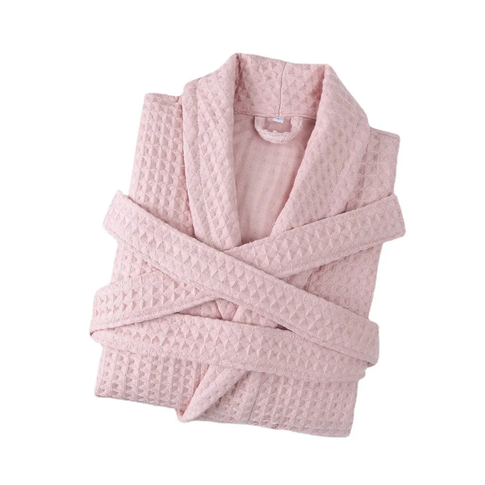 Cotton double waffle unisex thickened long robe in gray, for autumn adult bathrobe use