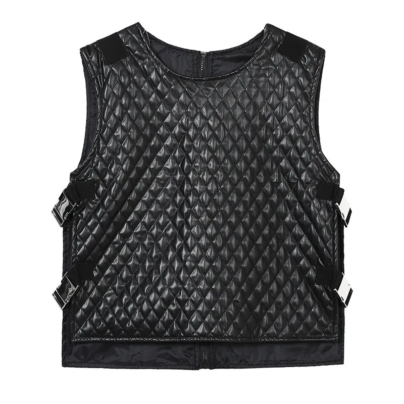 Men's loose fit black tactical vest with button decoration, cotton blend material, non-iron finish