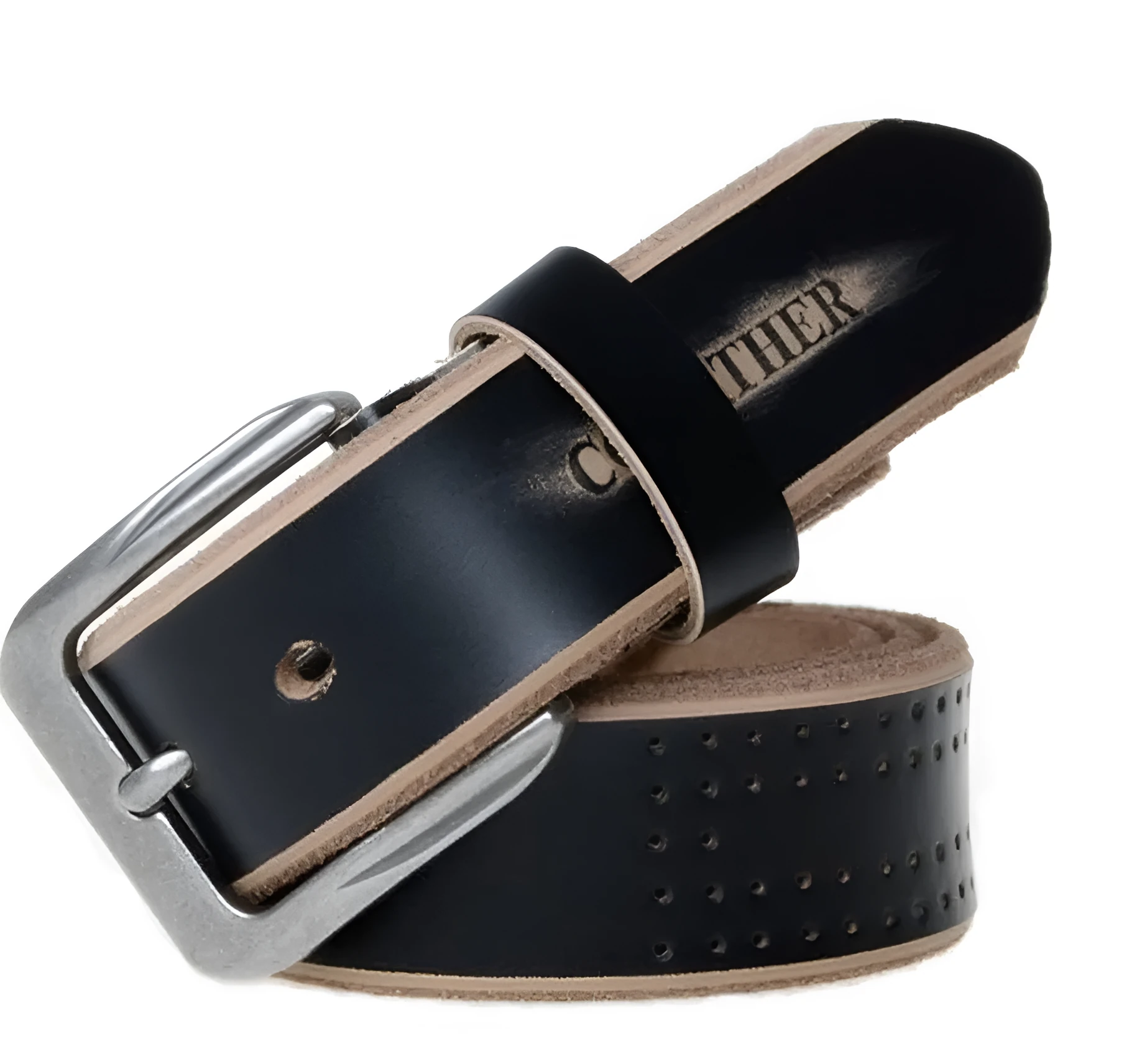 Men's leather belt in black with square alloy buckle on a dark background