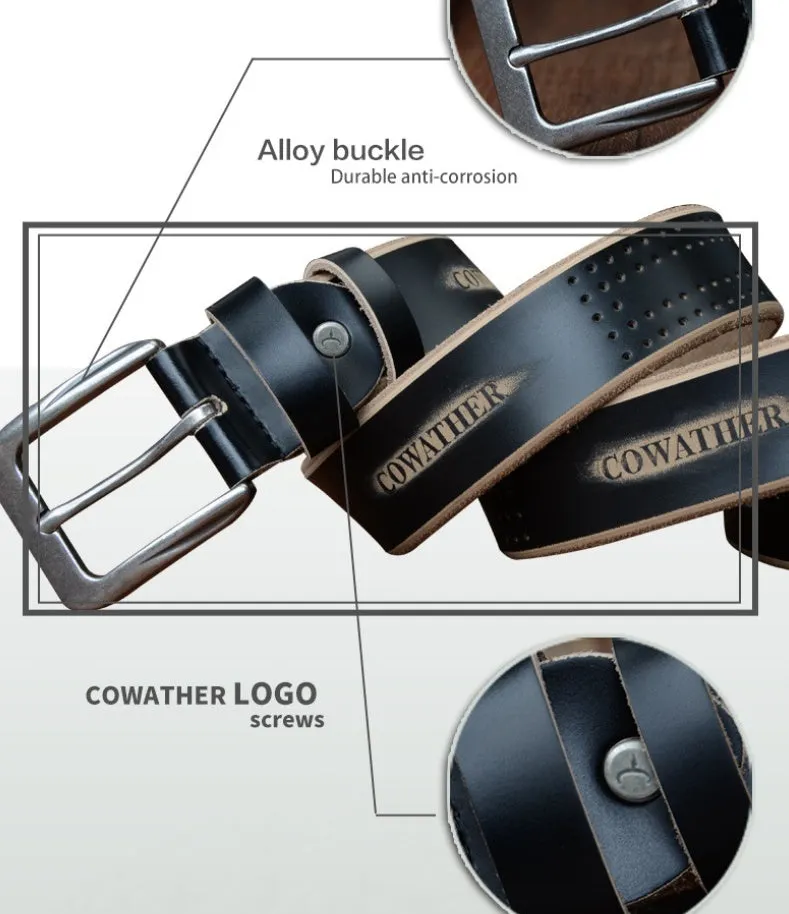 Men's leather belt in black with square alloy buckle on a dark background