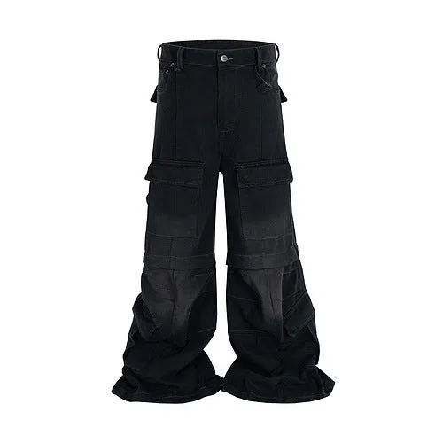 Cotton denim detachable overalls with washed-out finish and multiple pockets in black colour option