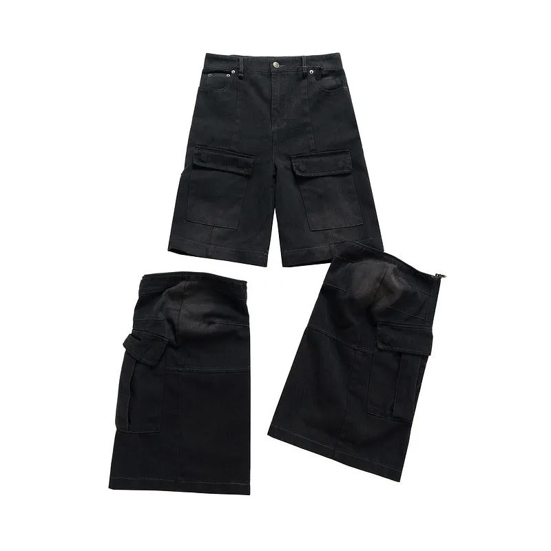 Cotton denim detachable overalls with washed-out finish and multiple pockets in black colour option