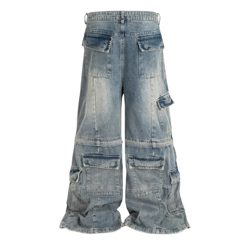 Cotton denim detachable overalls with washed-out finish and multiple pockets in black colour option