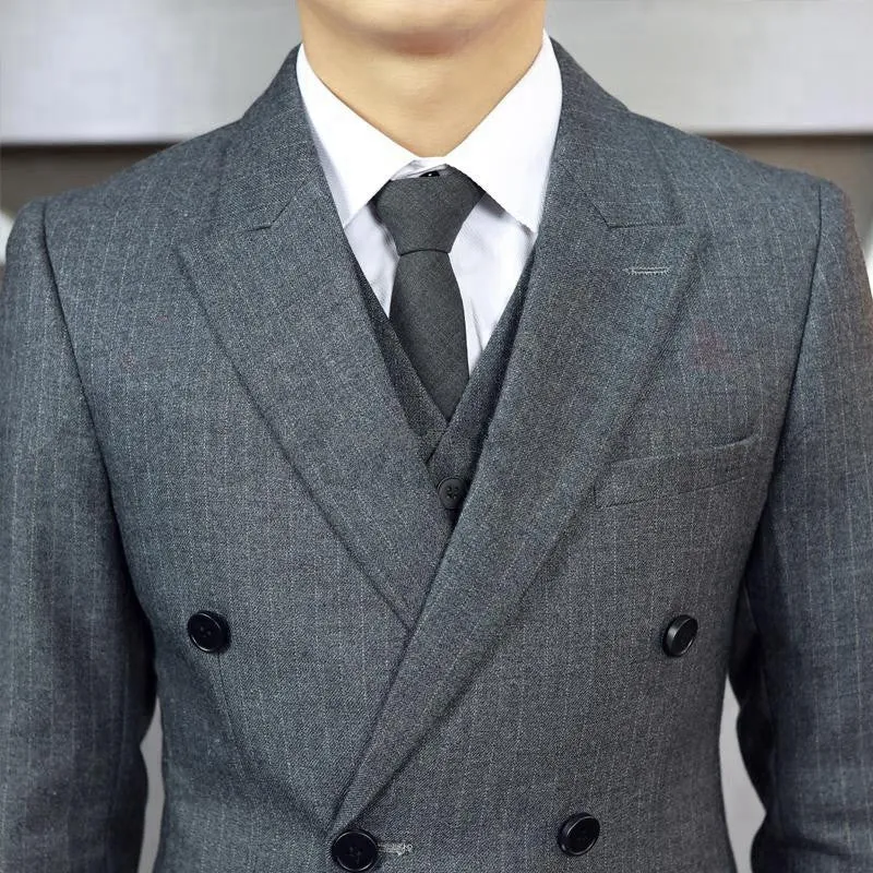 Men's three-piece suit set in slim fit with jacket, vest, and trousers in black