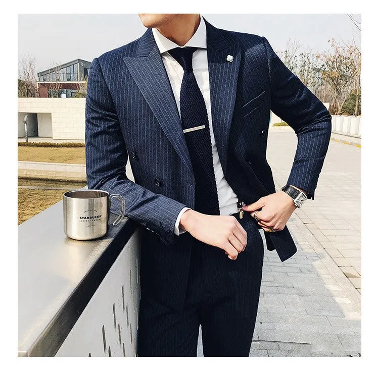 Men's three-piece suit set in slim fit with jacket, vest, and trousers in black