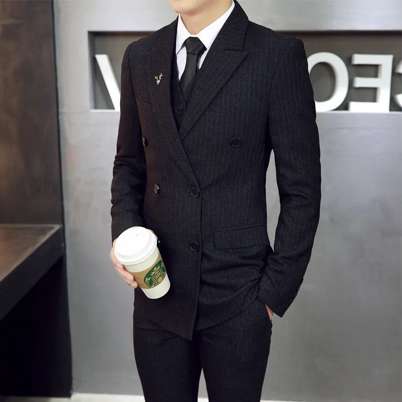 Men's three-piece suit set in slim fit with jacket, vest, and trousers in black