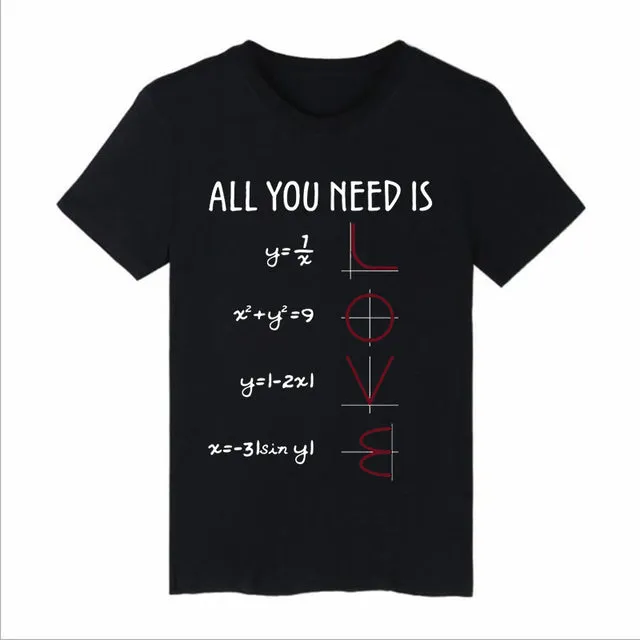 Men's black cotton short-sleeved round-neck T-shirt with white mathematics pun pattern