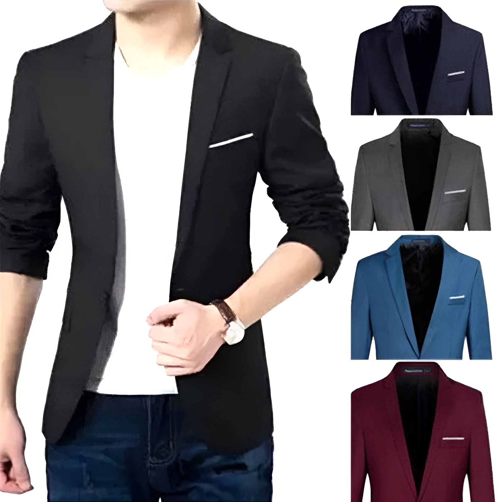 Men's slim fit cotton blend suit jacket with stand-up collar and three-quarter sleeves in black