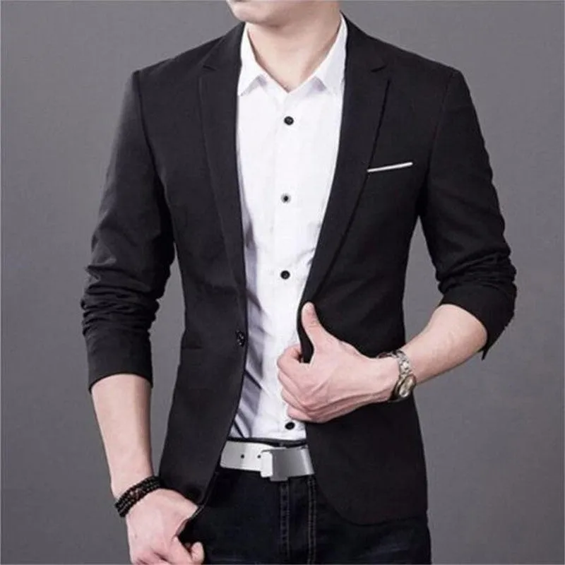Men's slim fit cotton blend suit jacket with stand-up collar and three-quarter sleeves in black