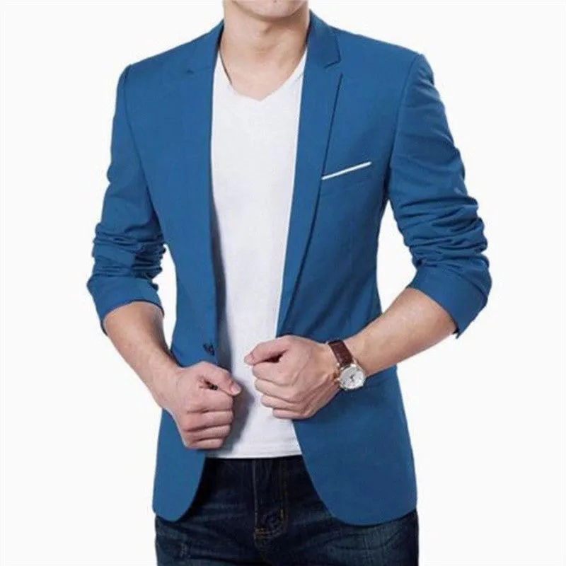 Men's slim fit cotton blend suit jacket with stand-up collar and three-quarter sleeves in black