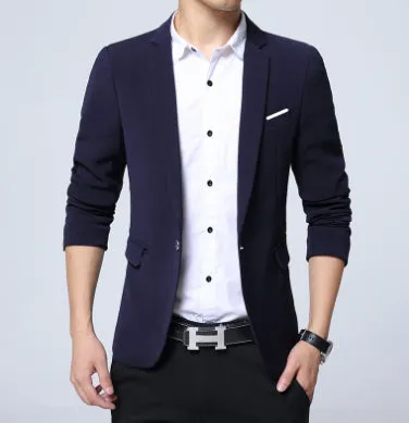 Men's slim fit cotton blend suit jacket with stand-up collar and three-quarter sleeves in black