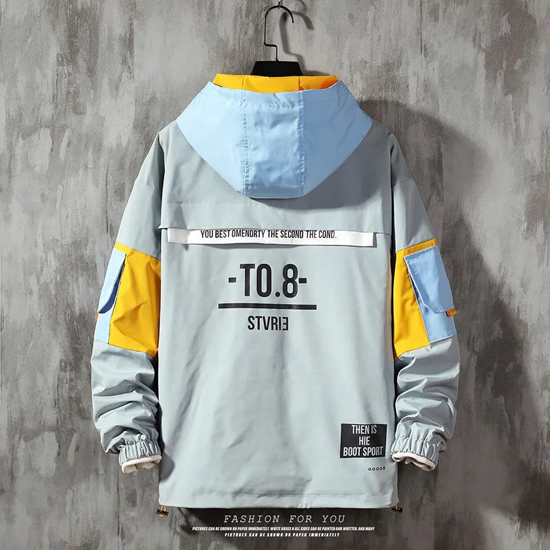 Men's plus size grey color block hooded jacket with letter print, zip front, side pockets, relaxed fit