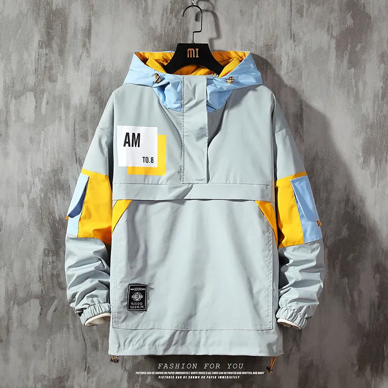 Men's plus size grey color block hooded jacket with letter print, zip front, side pockets, relaxed fit