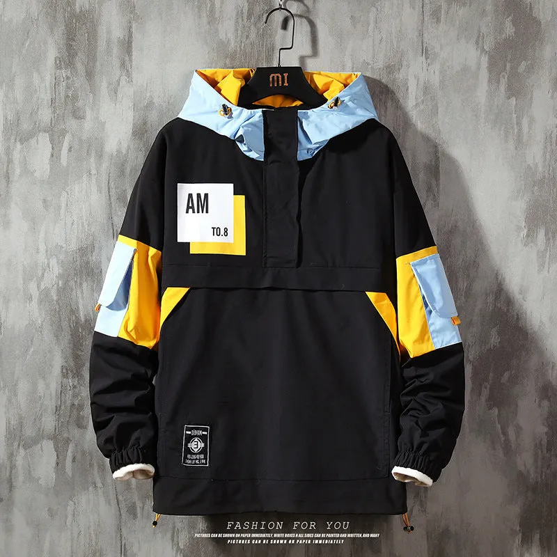 Men's plus size grey color block hooded jacket with letter print, zip front, side pockets, relaxed fit