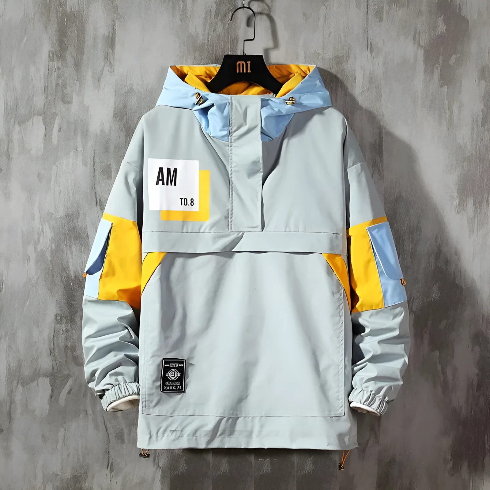 Men's plus size grey color block hooded jacket with letter print, zip front, side pockets, relaxed fit