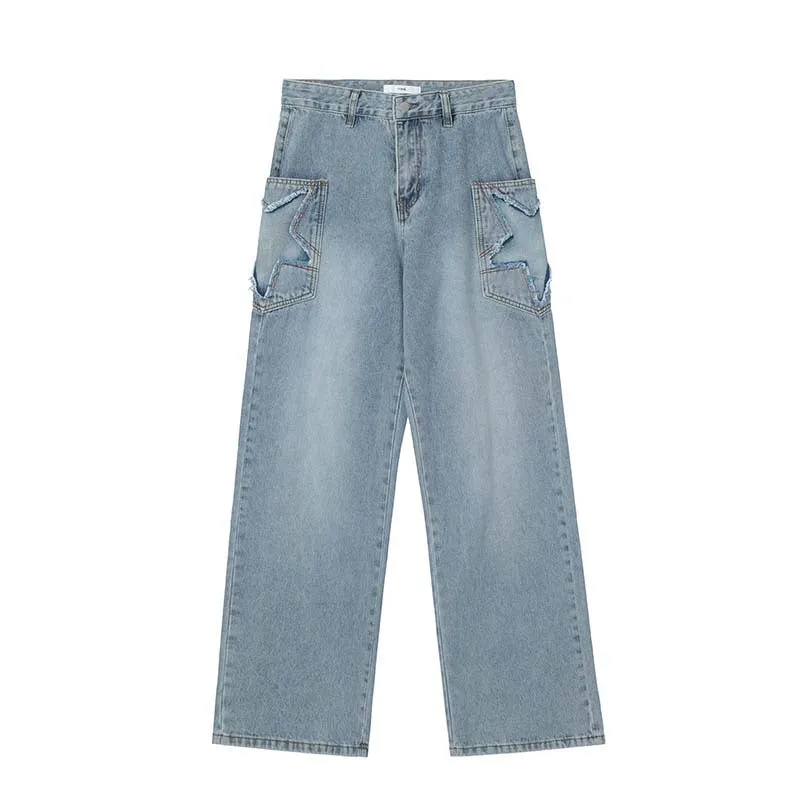Men's blue American retro straight leg wide tube jeans with mid waist and cotton fabric