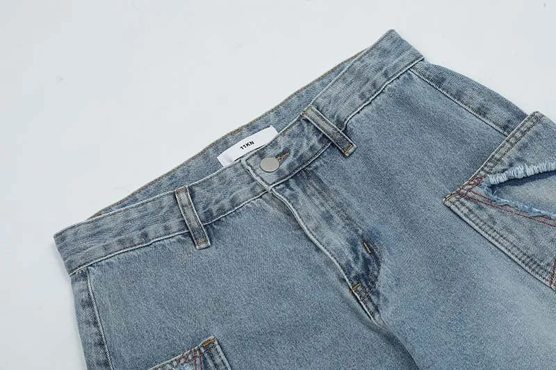 Men's blue American retro straight leg wide tube jeans with mid waist and cotton fabric