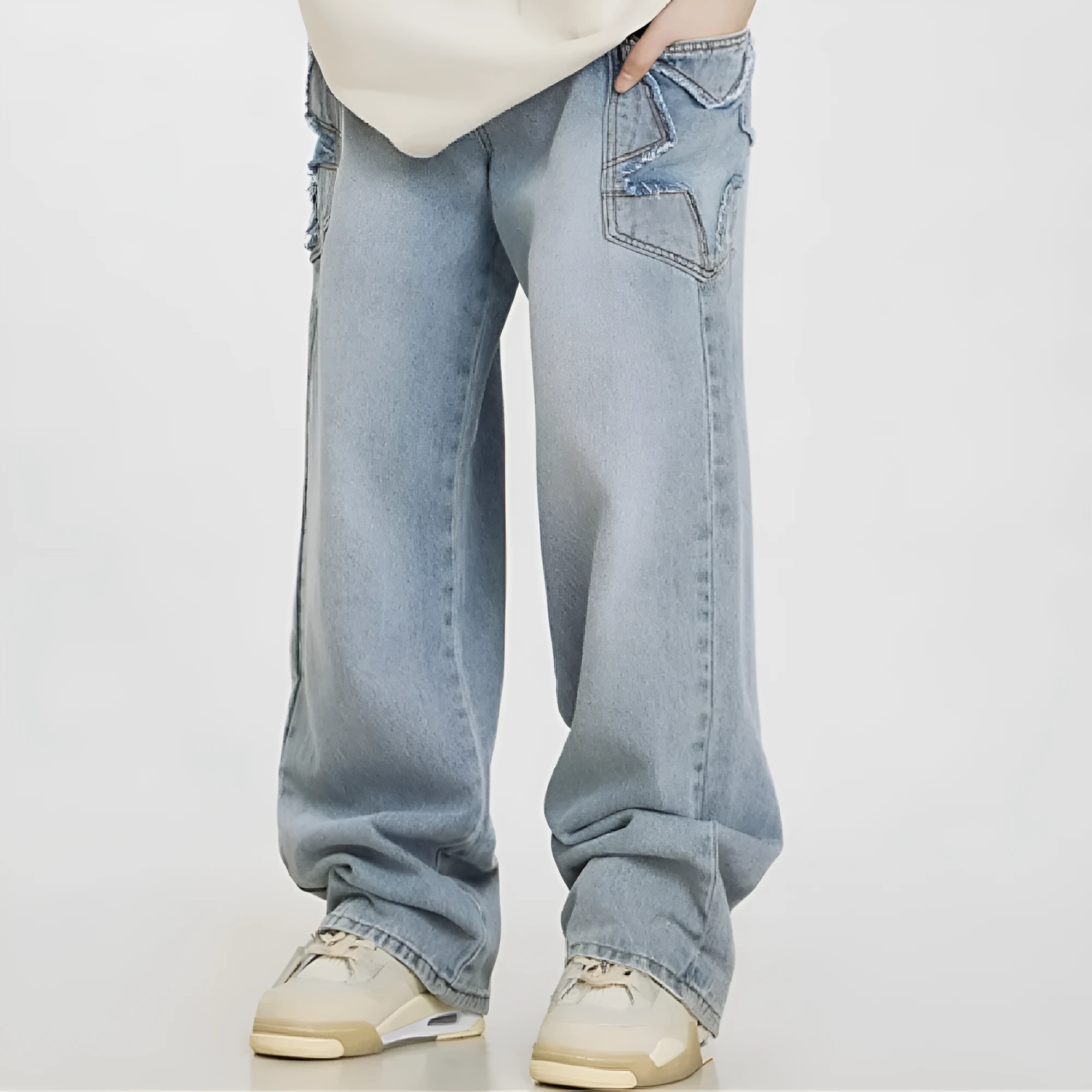 Men's blue American retro straight leg wide tube jeans with mid waist and cotton fabric