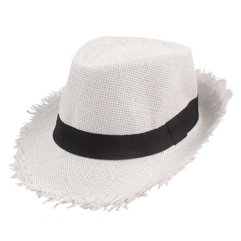 Men's straw top hat in khaki with satin weave, cone crown, and short brim for sun protection