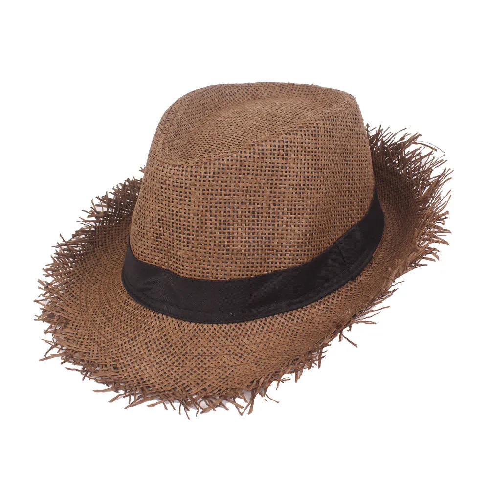 Men's straw top hat in khaki with satin weave, cone crown, and short brim for sun protection