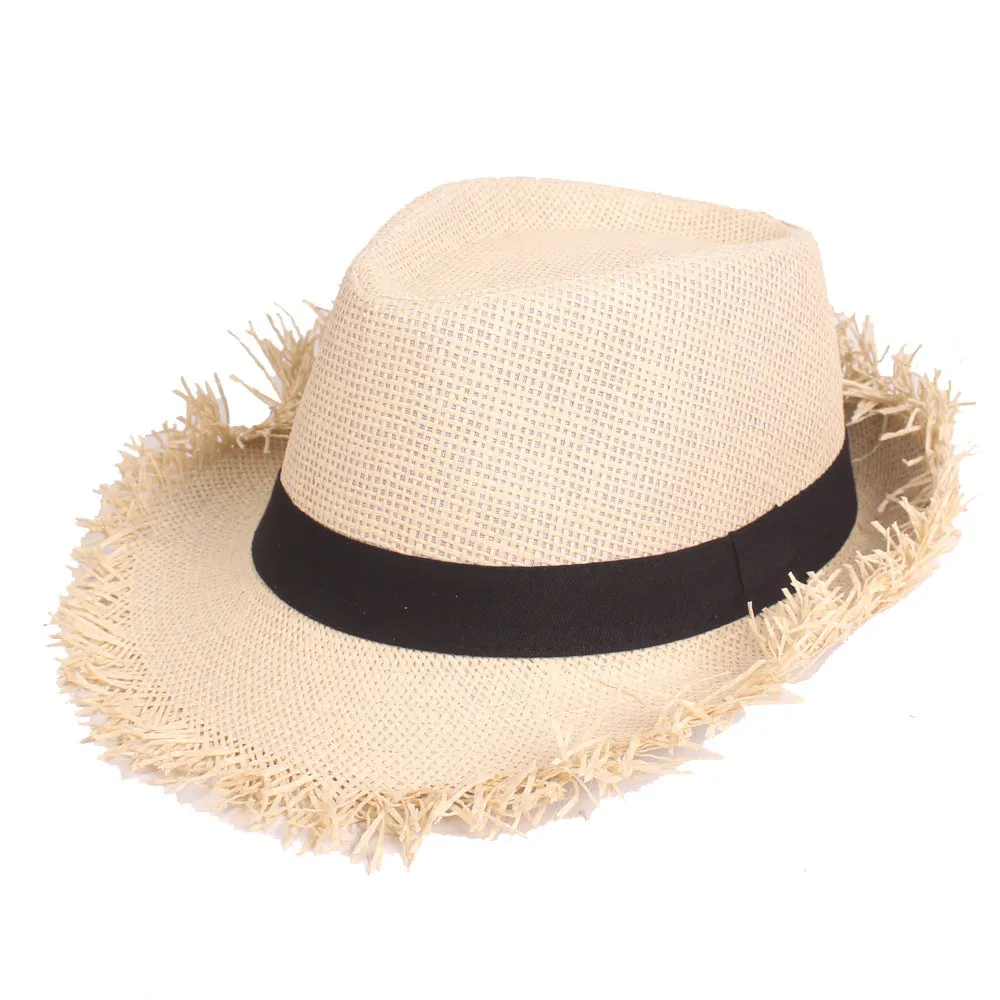 Men's straw top hat in khaki with satin weave, cone crown, and short brim for sun protection