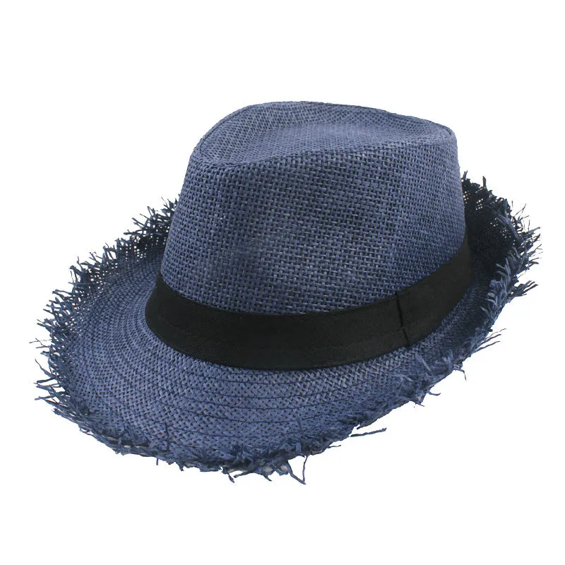Men's straw top hat in khaki with satin weave, cone crown, and short brim for sun protection