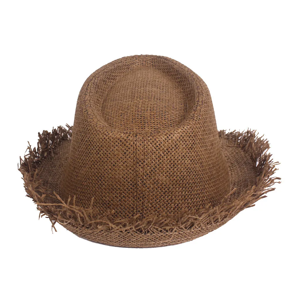 Men's straw top hat in khaki with satin weave, cone crown, and short brim for sun protection