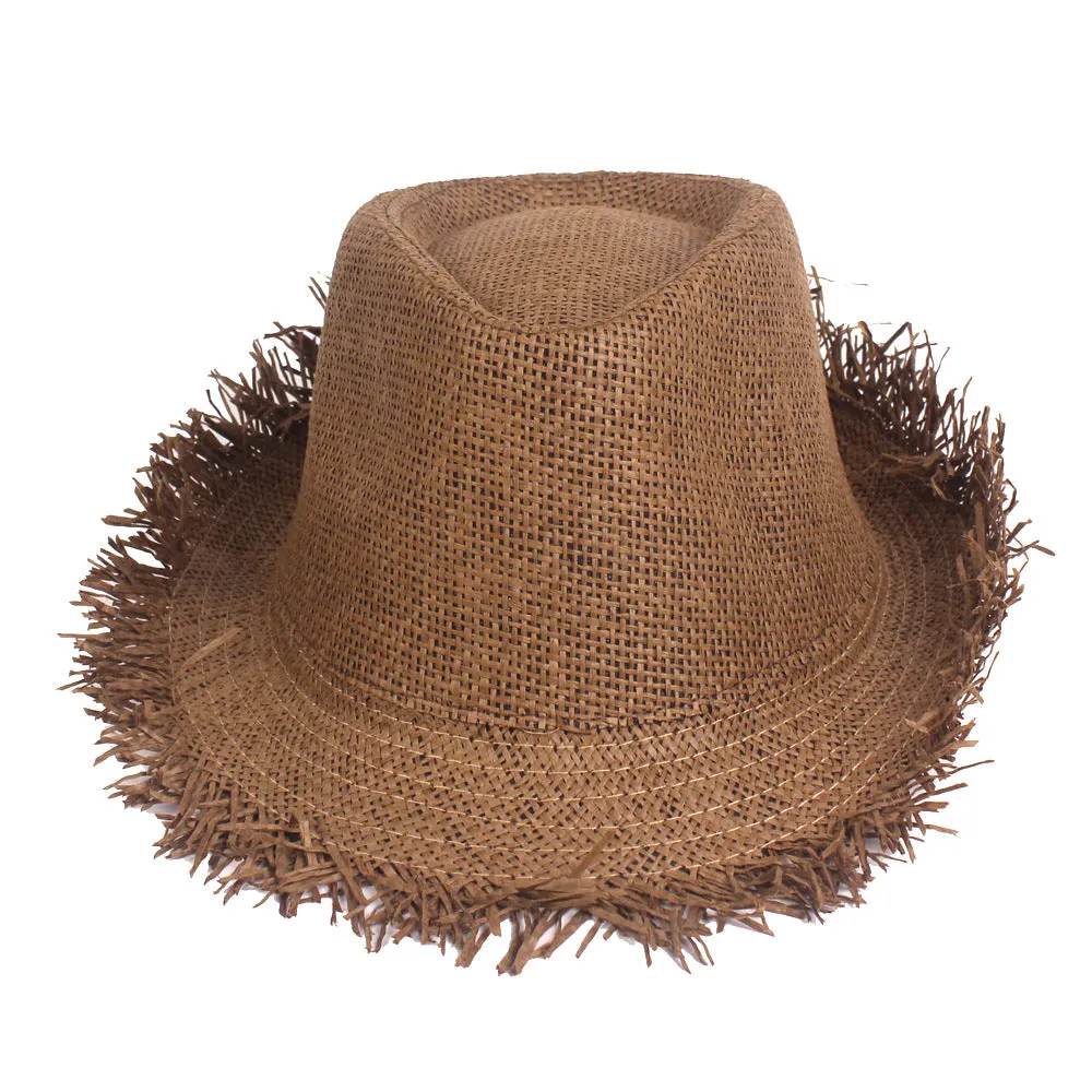 Men's straw top hat in khaki with satin weave, cone crown, and short brim for sun protection