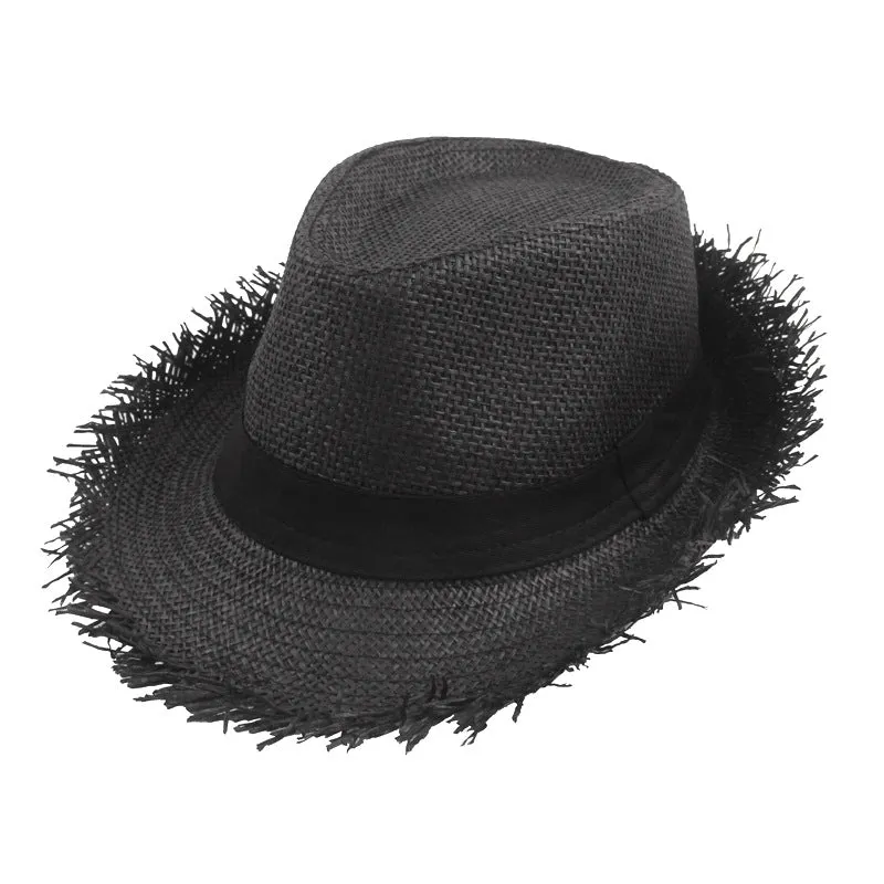 Men's straw top hat in khaki with satin weave, cone crown, and short brim for sun protection