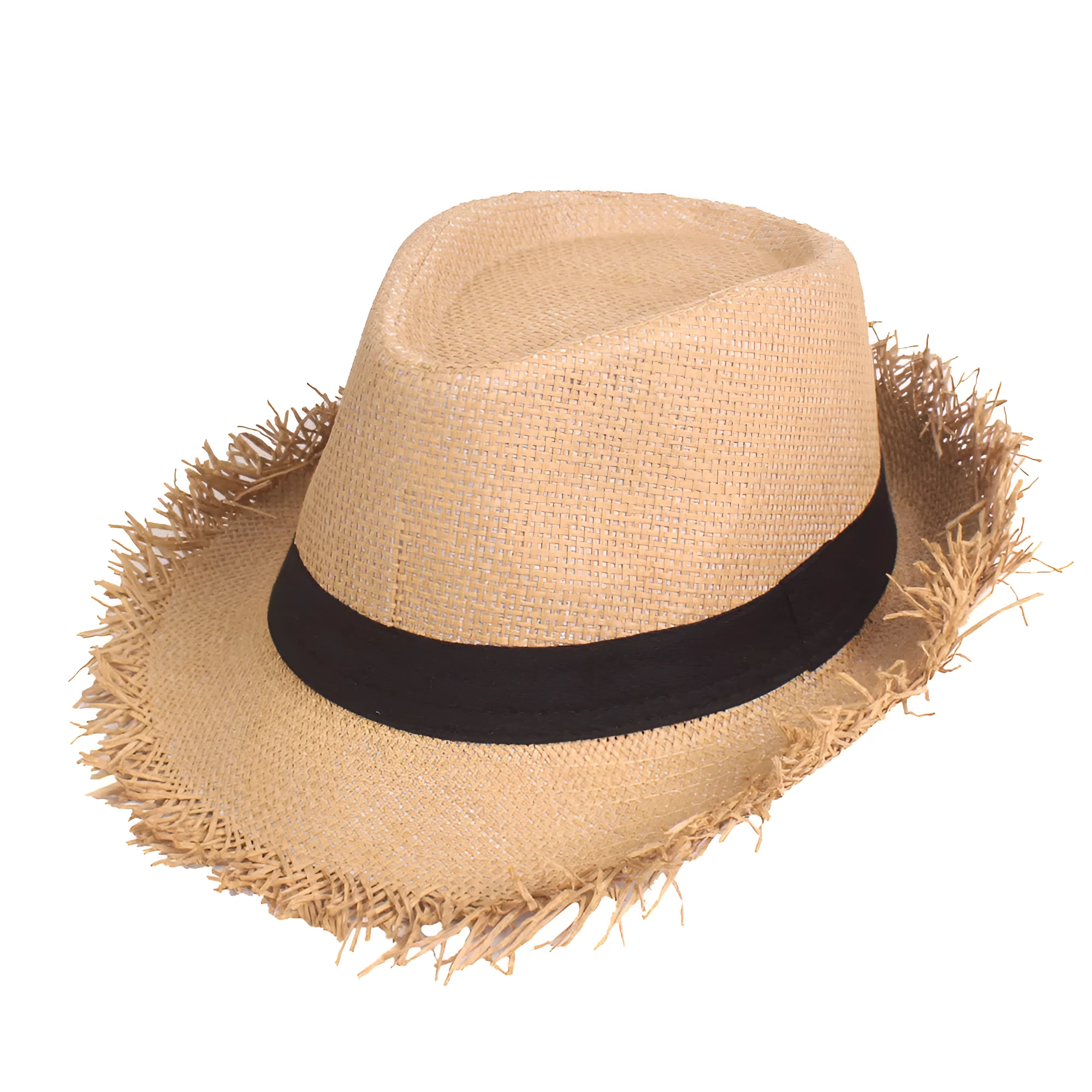 Men's straw top hat in khaki with satin weave, cone crown, and short brim for sun protection