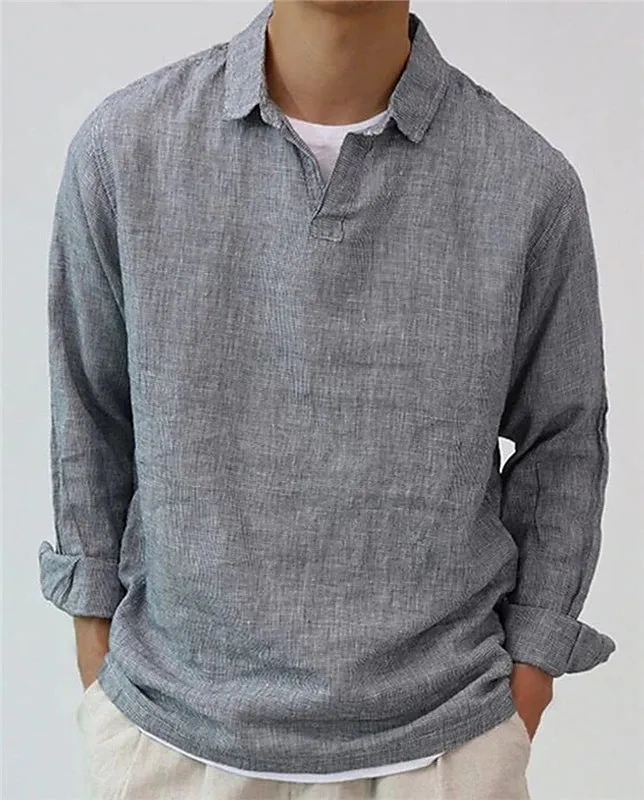 Men's solid colour long sleeve cotton blend pullover shirt with lapel collar, regular fit, available in dark green, gray, and rose red