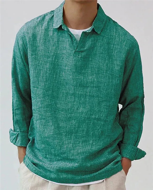 Men's solid colour long sleeve cotton blend pullover shirt with lapel collar, regular fit, available in dark green, gray, and rose red