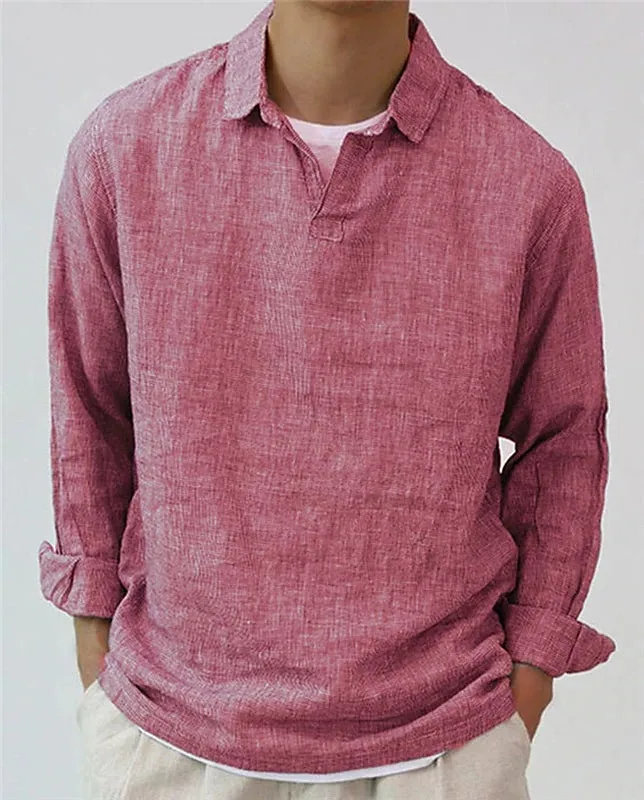 Men's solid colour long sleeve cotton blend pullover shirt with lapel collar, regular fit, available in dark green, gray, and rose red