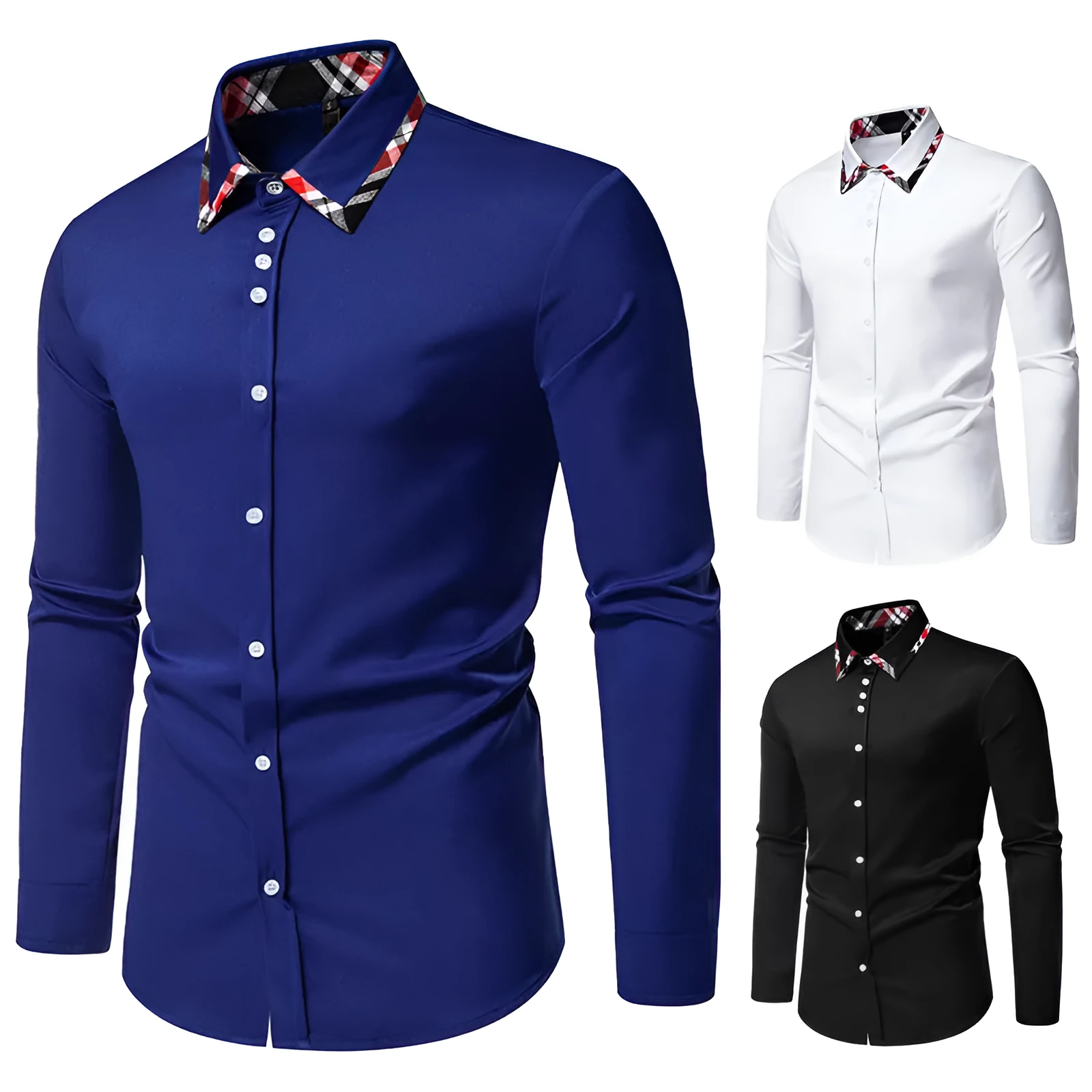 Men's blue plaid long sleeve shirt with a triangle collar on a hanger.