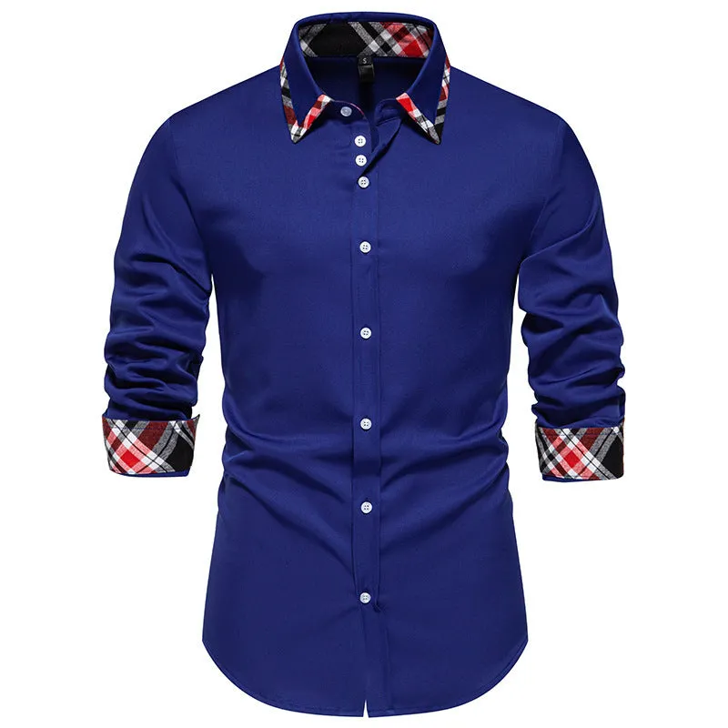 Men's blue plaid long sleeve shirt with a triangle collar on a hanger.