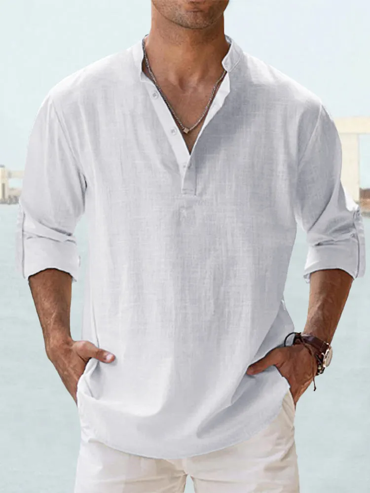 Men's casual cotton linen pullover shirt in khaki with stand collar, loose fit, long sleeves