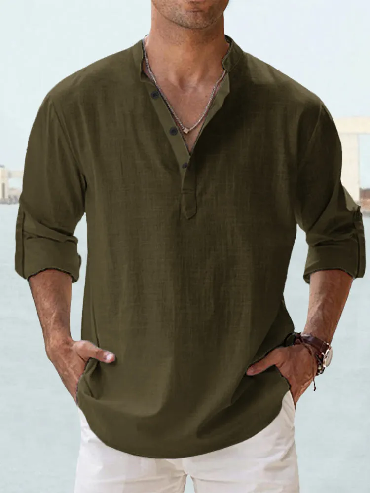 Men's casual cotton linen pullover shirt in khaki with stand collar, loose fit, long sleeves