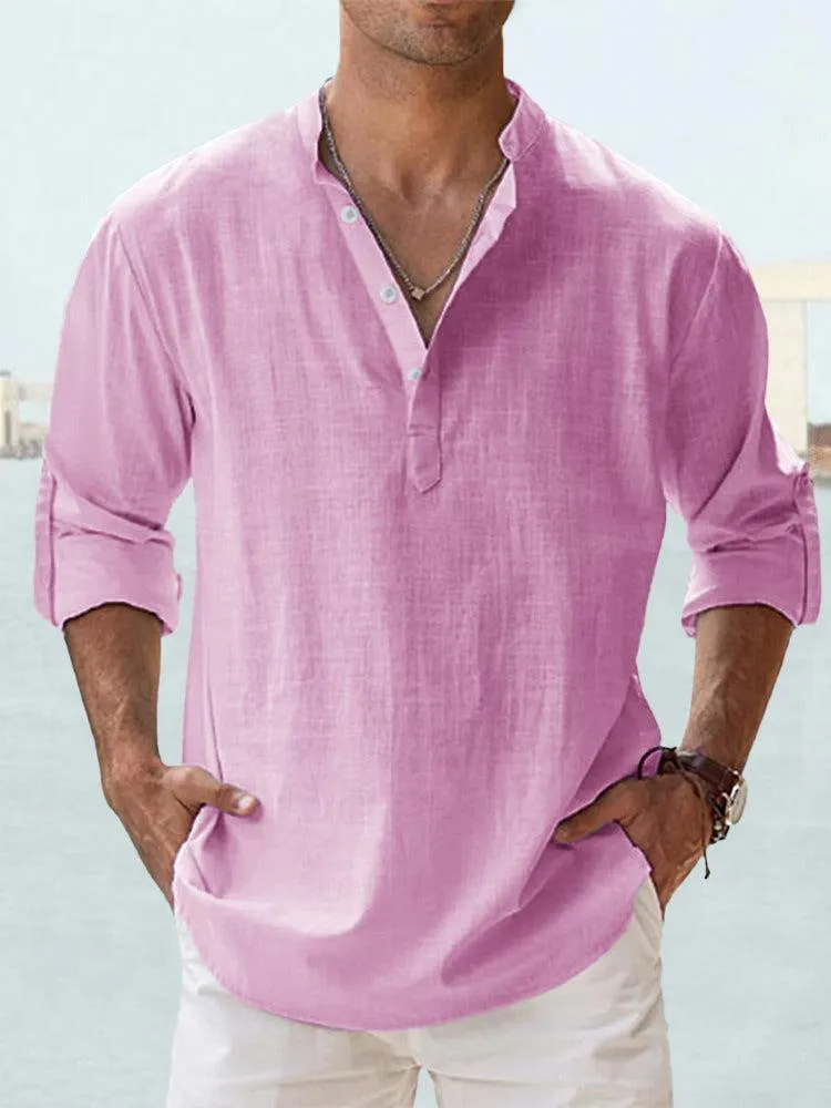 Men's casual cotton linen pullover shirt in khaki with stand collar, loose fit, long sleeves